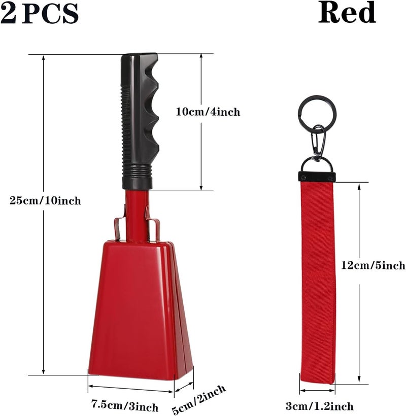 HEYLEAYAR 10Inch Cowbells with Handle for Sporting Events, 2Pcs Large Cow Bells with Wrist Straps, Loud Noise Makers for Cheering Football Games Spirit Marathon Weddings Party Noisemakers, Red - Image 2